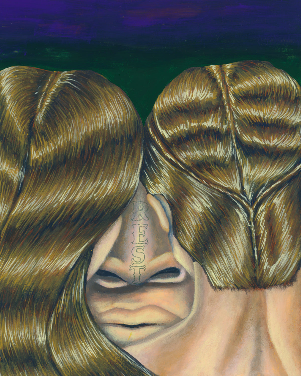 Artistic depiction of a person with long hair covering their face, with a visible tattoo on the neck.