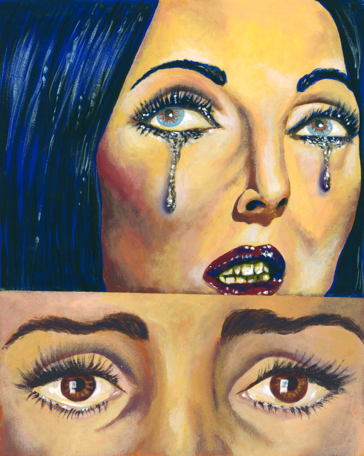 Artistic depiction of a face with blue hair and detailed makeup, focusing on eyes and mouth.