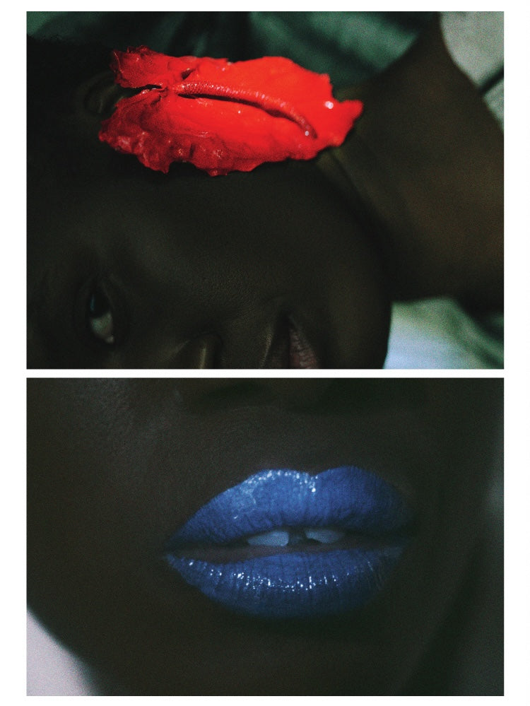 Two images showing red and blue lips against a dark background