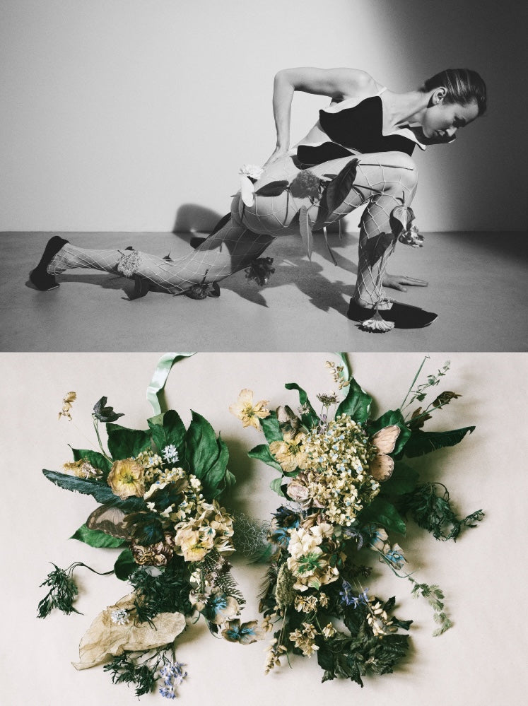 Top half of a black and white photo of a dancer in motion, bottom half of a floral arrangement on a white background.