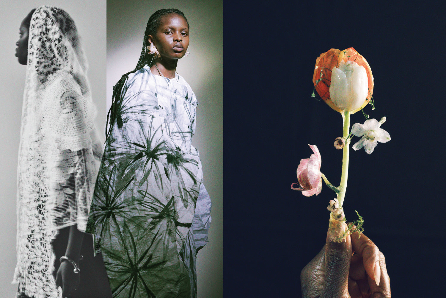 Two people wearing patterned clothing on the left, and a close-up of flowers on a dark background on the right.