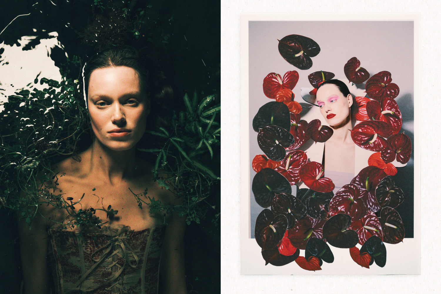 Two artistic images: one of a person surrounded by foliage, the other with a person framed by red and black floral arrangements.
