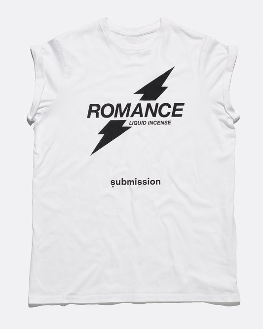 Fitted white tee with cropped sleeves and lightning bolt "Romance" logo