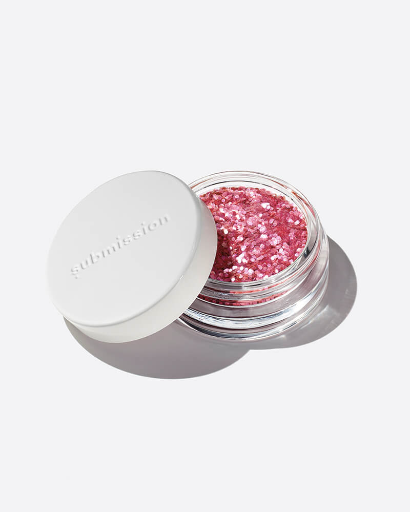 plastic-free plant-based biodegradable pink glitter in an open plastic-free container