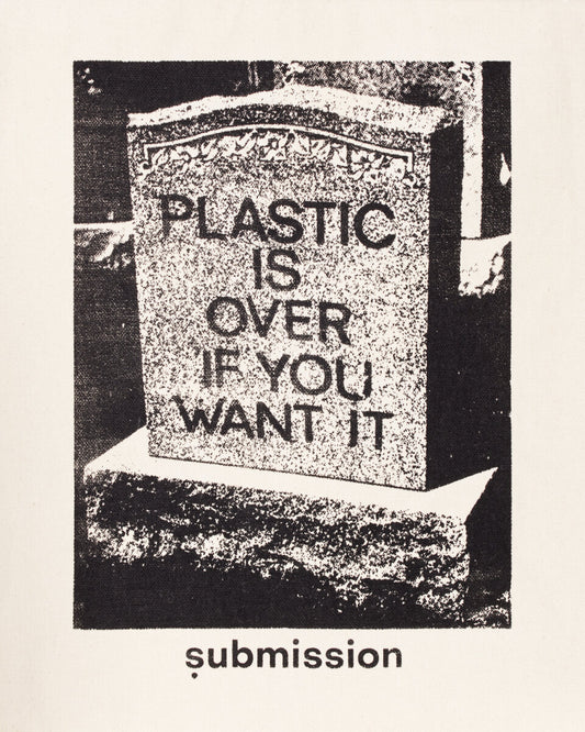 A cropped close-up product shot of a an off-white tote bag with a large greyscale graphic in the center depicting a headstone with the words “PLASTIC IS OVER IF YOU WANT IT” in capital letters,