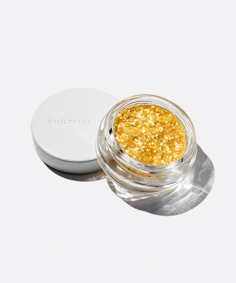 plastic-free plant-based biodegradable gold glitter in an open plastic-free container