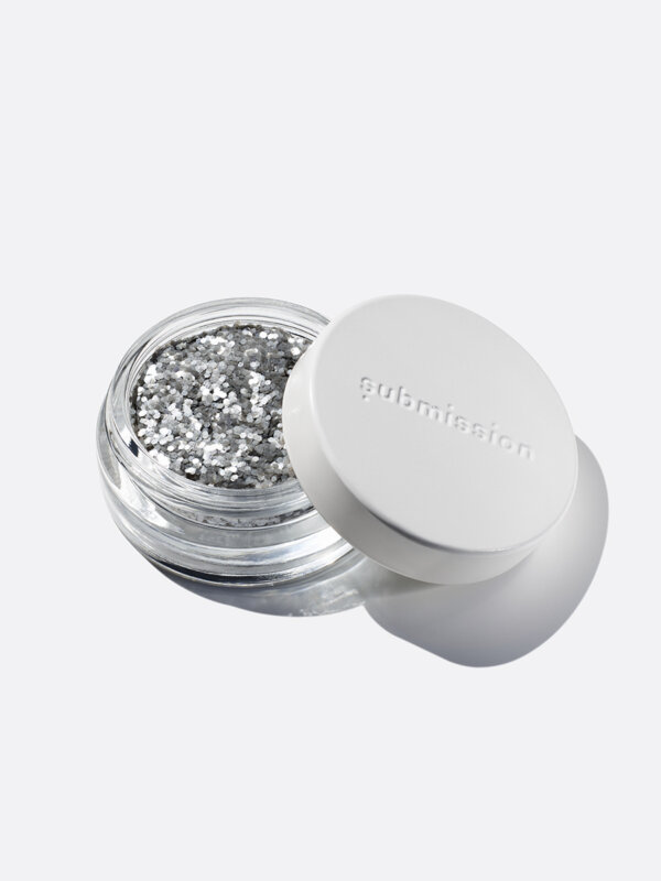 plastic-free plant-based biodegradable silver glitter in an open plastic-free container
