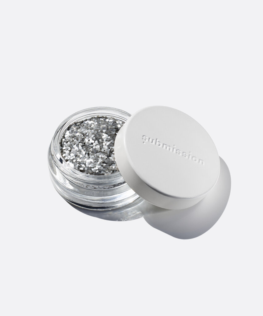 plastic-free plant-based biodegradable silver glitter in an open plastic-free container