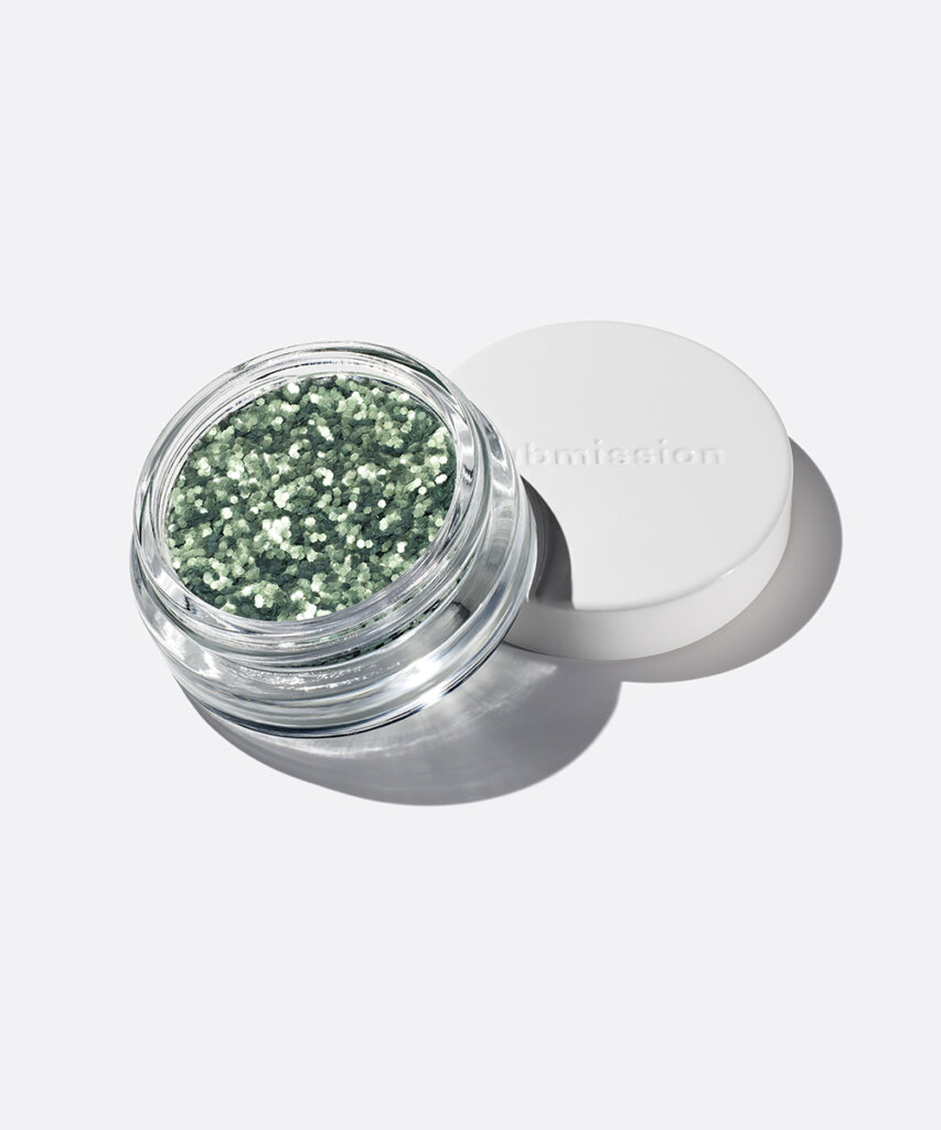 plastic-free plant-based biodegradable green glitter in an open plastic-free container