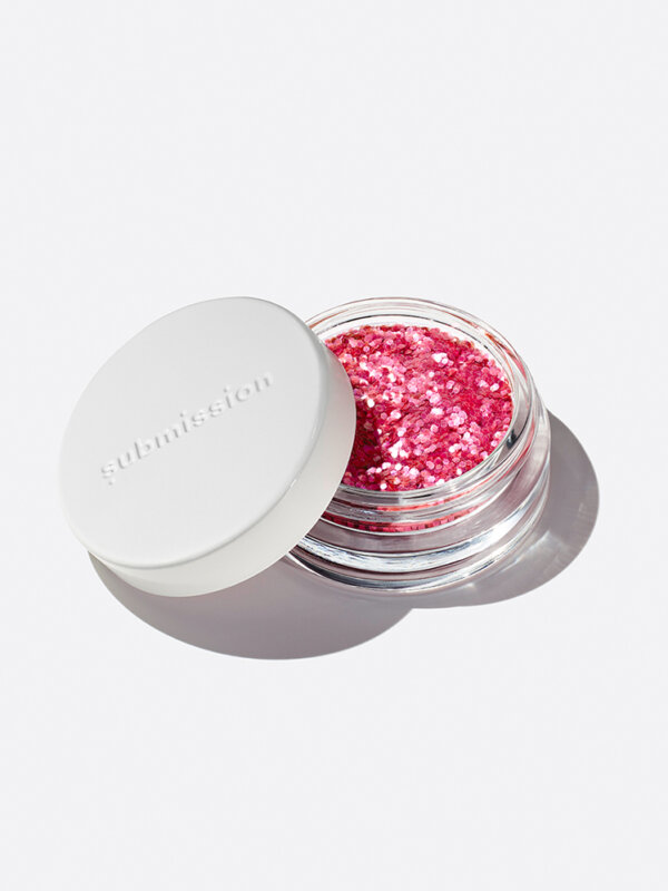plastic-free plant-based biodegradable pink glitter in an open plastic-free container